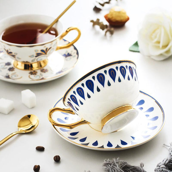 British Tea Cups, Porcelain Coffee Cups, Tea Cups and Saucers, Coffee Cups with Gold Trim and Gift Box, Latte Coffee Cups-ArtWorkCrafts.com