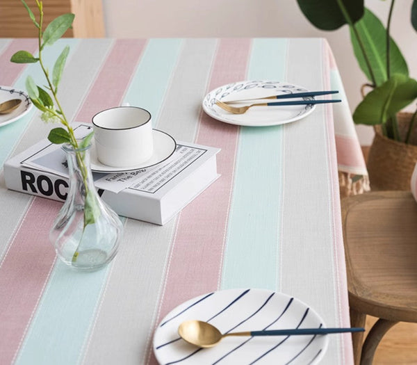 Rectangular Tablecloth for Oval Table, Rectangular Table Covers for Coffee Table, Pink Stripe Cotton and Linen Tablecloths, Modern Table Cloths for Dining Room-ArtWorkCrafts.com