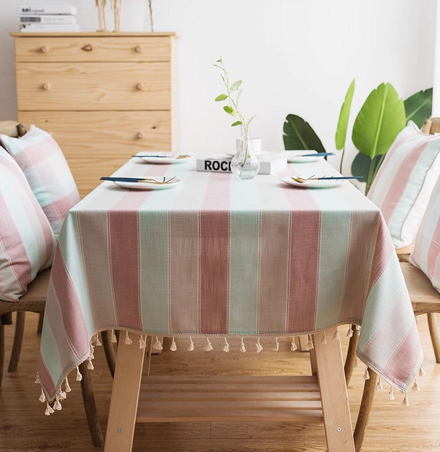 Pink Stripe Cotton and Linen Tablecloths, Rectangular Tablecloth for Oval Table, Rectangular Table Covers for Coffee Table, Modern Table Cloths for Dining Room-ArtWorkCrafts.com