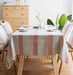 Rectangular Tablecloth for Oval Table, Rectangular Table Covers for Coffee Table, Pink Stripe Cotton and Linen Tablecloths, Modern Table Cloths for Dining Room-ArtWorkCrafts.com