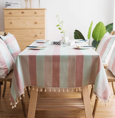 Rectangular Tablecloth for Oval Table, Rectangular Table Covers for Coffee Table, Pink Stripe Cotton and Linen Tablecloths, Modern Table Cloths for Dining Room-ArtWorkCrafts.com