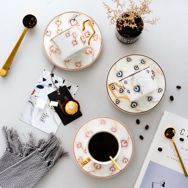 British Tea Cups, Coffee Cups with Gold Trim and Gift Box, Peacock Tail Pattern Porcelain Coffee Cups, Tea Cups and Saucers-ArtWorkCrafts.com