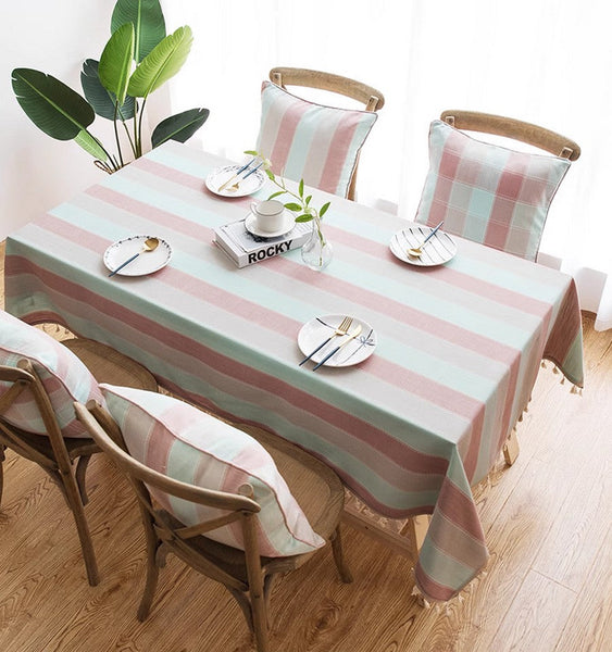 Rectangular Tablecloth for Oval Table, Rectangular Table Covers for Coffee Table, Pink Stripe Cotton and Linen Tablecloths, Modern Table Cloths for Dining Room-ArtWorkCrafts.com