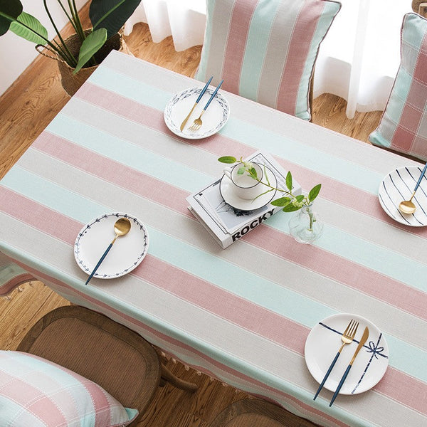 Rectangular Tablecloth for Oval Table, Rectangular Table Covers for Coffee Table, Pink Stripe Cotton and Linen Tablecloths, Modern Table Cloths for Dining Room-ArtWorkCrafts.com