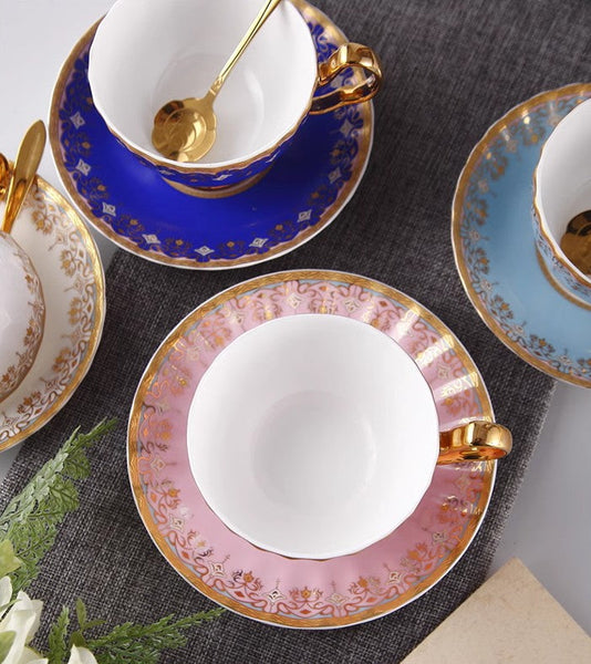 Unique British Tea Cup and Saucer in Gift Box, Pink Blue White Bone China Porcelain Tea Cup Set, Elegant British Ceramic Coffee Cups for Afternoon Tea-ArtWorkCrafts.com