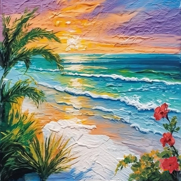 Heavy Texture Canvas Art, Small Palette Knife Paintings, Small Landscape Painting, Florida Seashore Beach Flower Painting, Easy Landscape Painting Ideas, Simple Small Canvas Paintings-ArtWorkCrafts.com