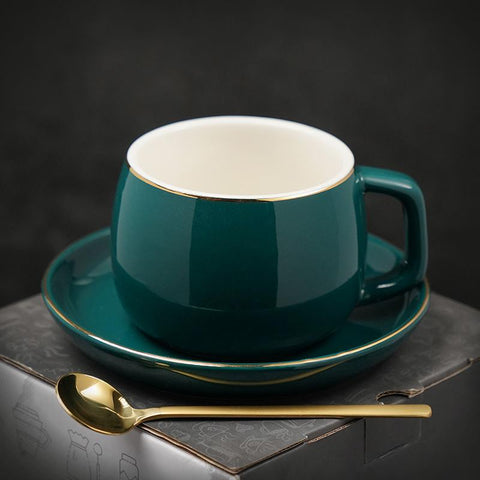 Ceramic Cup, Round Coffee Cup and Saucer Set, Green Coffee Cup, Back Coffee Mug, White Coffee Cups, Tea Cup-ArtWorkCrafts.com