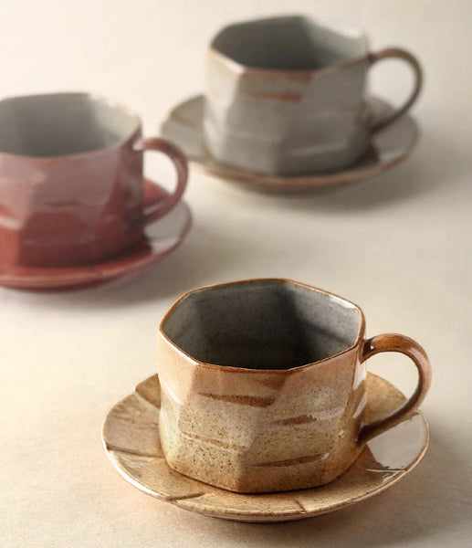 Unique Tea Cup and Saucer, 8 oz Modern Handmade Pottery Coffee Cup, Creative Ceramic Coffee Cup with Saucer, Tea Cup Set for Traditional Afternoon Tea-ArtWorkCrafts.com
