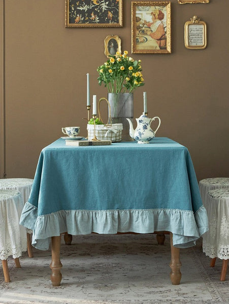 Extra Large Rectangle Tablecloth for Dining Room Table, Blue Modern Long Table Cover, Ramie Tablecloth for Home Decoration, Square Tablecloth for Round Table-ArtWorkCrafts.com