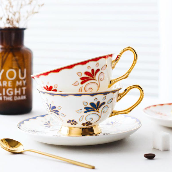British Tea Cups, Porcelain Coffee Cups, Tea Cups and Saucers, Coffee Cups with Gold Trim and Gift Box, Latte Coffee Cups-ArtWorkCrafts.com