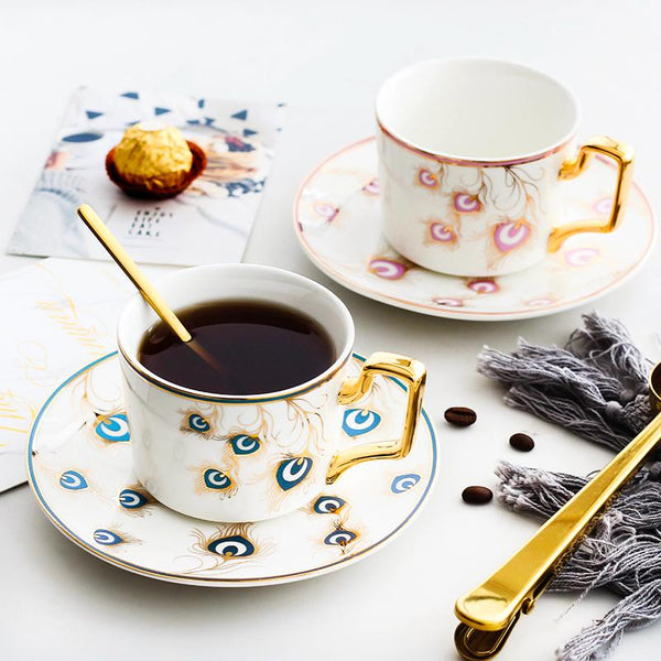 British Tea Cups, Coffee Cups with Gold Trim and Gift Box, Peacock Tail Pattern Porcelain Coffee Cups, Tea Cups and Saucers-ArtWorkCrafts.com