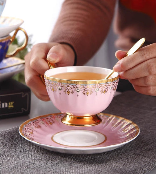 Pink Blue White Porcelain Tea Cup Saucer Set, Unique British Tea Cup and Saucer in Gift Box, Elegant British Ceramic Coffee Cups for Traditional Afternoon Tea-ArtWorkCrafts.com