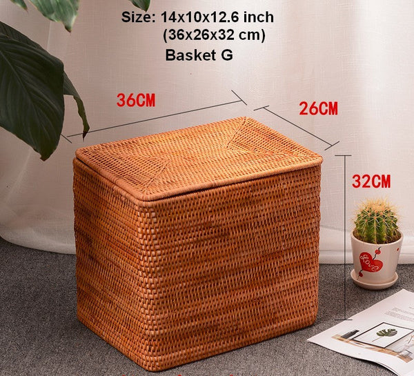 Woven Rattan Baskets, Rectangular Basket with Lid, Rectangular Storage Baskets, Storage Basket for Bedroom, Kitchen Storage Baskets-ArtWorkCrafts.com