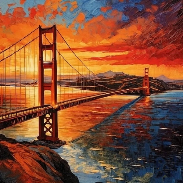 Heavy Texture Canvas Art, Small Palette Knife Oil Paintings, Original Small Landscape Paintings, Golden Gate Bridge Sunset Painting, Easy Landscape Painting Ideas, Simple Small Canvas Paintings-ArtWorkCrafts.com