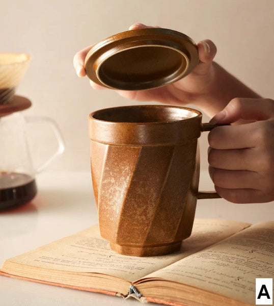 Unique Tea Cup, Large Capacity Coffee Mug with Cover, Large Modern Handmade Pottery Coffee Cup, Creative Brown Green Blue Black Ceramic Coffee Mugs-ArtWorkCrafts.com