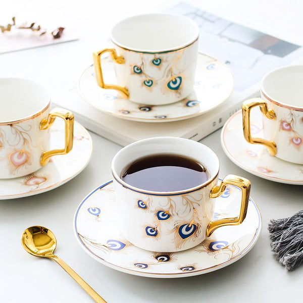 Peacock Tail Pattern Porcelain Coffee Cups, British Tea Cups, Coffee Cups with Gold Trim and Gift Box, Tea Cups and Saucers-ArtWorkCrafts.com