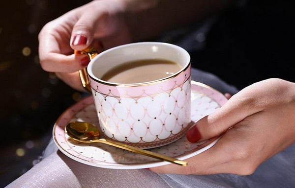 British Tea Cups, Elegant Porcelain Coffee Cups, Latte Coffee Cups with Gold Trim and Gift Box, Tea Cups and Saucers-ArtWorkCrafts.com