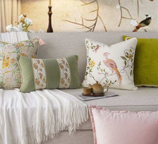 Living Room Decorative Pillows, Modern Decorative Cushions, Decorative Pillows for Bed, Decorative Pillow Arrangement Ideas for Interior Design, Embroidered Floral Bird Pattern Pillow Covers-ArtWorkCrafts.com