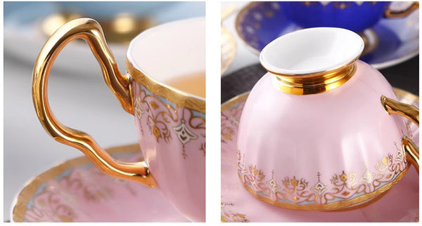 Pink Blue White Porcelain Tea Cup Saucer Set, Unique British Tea Cup and Saucer in Gift Box, Elegant British Ceramic Coffee Cups for Traditional Afternoon Tea-ArtWorkCrafts.com