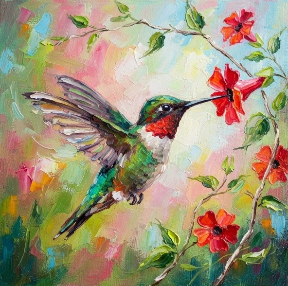 Humming Bird Painting, Hand Painted Canvas Art, Heavy Texture Painting, Small Art on Canvas, Miniature Wall Art, Original Oil Paintings