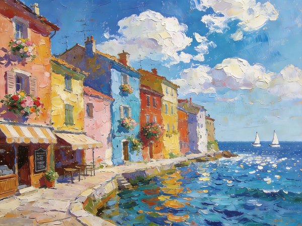 Canvas Paintings for Living Room, Coatal Town Beauty Spot, Hand Painted Canvas Art, BuyOil Paintings Online, Small Wall Art Paintings, Original Landscape Paintings-ArtWorkCrafts.com