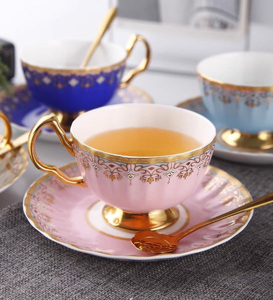 Unique British Tea Cup and Saucer in Gift Box, Pink Blue White Porcelain Tea Cup Saucer Set, Elegant British Ceramic Coffee Cups for Traditional Afternoon Tea-ArtWorkCrafts.com