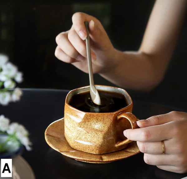 Unique Tea Cup and Saucer, 8 oz Modern Handmade Pottery Coffee Cup, Creative Ceramic Coffee Cup with Saucer, Tea Cup Set for Traditional Afternoon Tea-ArtWorkCrafts.com