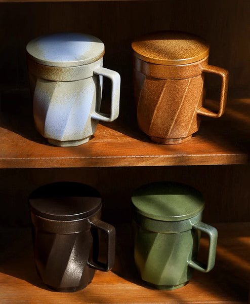 Creative Brown Green Blue Black Ceramic Coffee Mugs, Large Modern Handmade Pottery Coffee Cup, Large Unique Tea Cup, Large Capacity Coffee Mug with Cover-ArtWorkCrafts.com