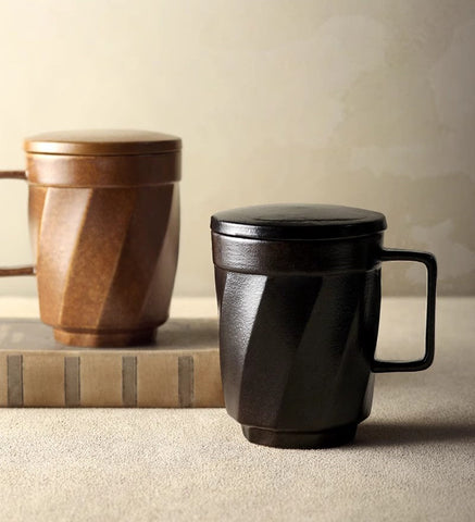 Unique Tea Cup, Large Capacity Coffee Mug with Cover, Large Modern Handmade Pottery Coffee Cup, Creative Brown Green Blue Black Ceramic Coffee Mugs