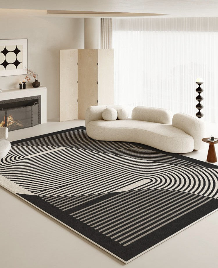 Geometric Contemporary Rugs Next to Bed, Black Stripe Contemporary Modern Rugs, Modern Rugs for Living Room, Modern Rugs for Dining Room
