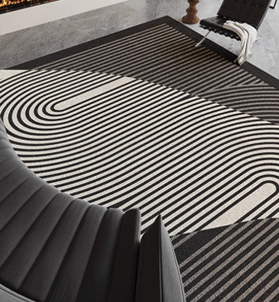 Geometric Contemporary Rugs Next to Bed, Black Stripe Contemporary Modern Rugs, Modern Rugs for Living Room, Modern Rugs for Dining Room