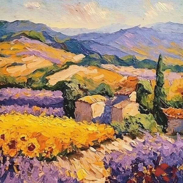 Original Small Landscape Paintings, Simple Small Canvas Paintings, Provence Lavender and Sunflower Field Cypress Tree Painting, Heavy Texture Canvas Art, Easy Landscape Painting Ideas-ArtWorkCrafts.com