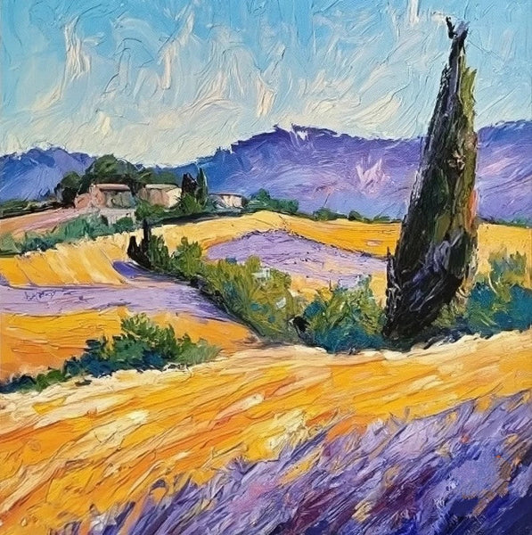 Original Small Landscape Paintings, Heavy Texture Acrylic Artwork, Easy Landscape Painting Ideas, Provence Lavender Field Cypress Tree Painting, Simple Small Canvas Paintings-ArtWorkCrafts.com