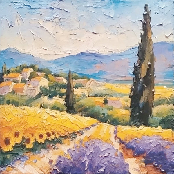 Original Small Landscape Paintings, Simple Small Canvas Paintings, Provence Lavender and Sunflower Field Cypress Tree Painting, Heavy Texture Canvas Art, Easy Landscape Painting Ideas-ArtWorkCrafts.com