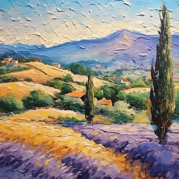 Original Small Landscape Paintings, Provence Lavender Field Cypress Tree Painting, Simple Small Canvas Paintings, Heavy Texture Acrylic Artwork, Easy Landscape Painting Ideas-ArtWorkCrafts.com