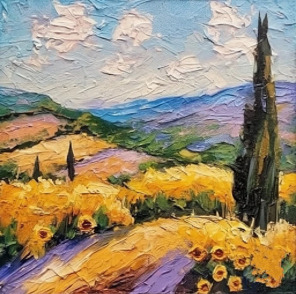 Heavy Texture Acrylic Artwork, Easy Landscape Painting Ideas, Small Landscape Painting, Provence Sunflower Field Cypress Tree Painting, Simple Small Canvas Paintings-ArtWorkCrafts.com