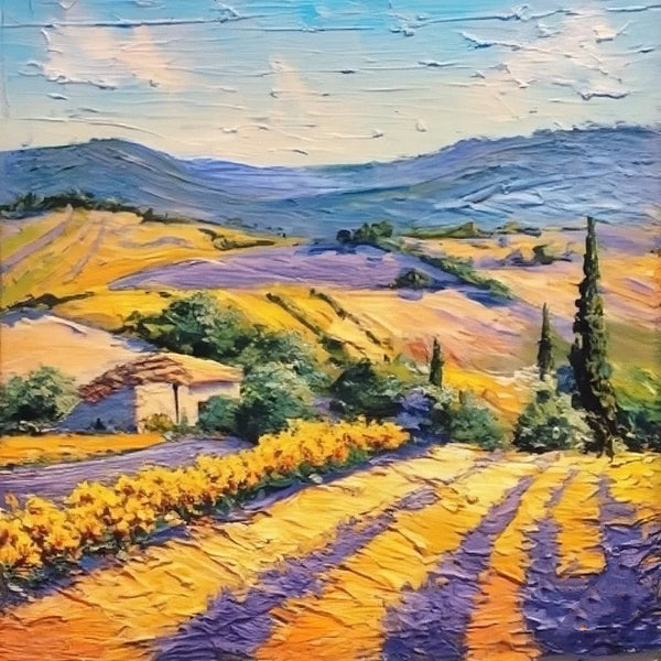 Provence Lavender Field Cypress Tree Painting, Simple Small Canvas Paintings, Original Small Landscape Paintings, Heavy Texture Acrylic Artwork, Easy Landscape Painting Ideas for Home Decor-ArtWorkCrafts.com