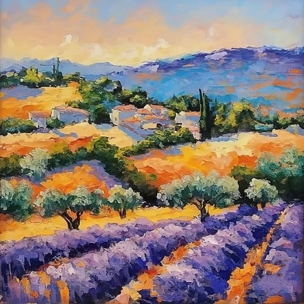 Small Hand Painted Art, Heavy Texture Hand Painted Art, Easy Landscape Painting Ideas, Provence Lavender Field Cypress Tree Painting, Simple Small Canvas Paintings-ArtWorkCrafts.com