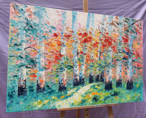 Custom Canvas Painting, Abstract Landscape Painting, Autumn Birch Tree, Canvas Painting-ArtWorkCrafts.com