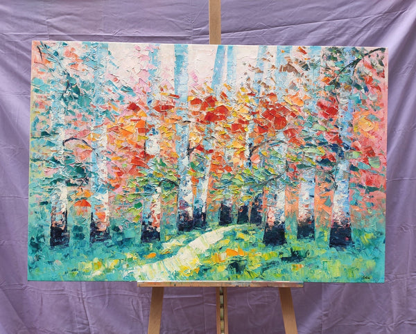 Custom Canvas Painting, Abstract Landscape Painting, Autumn Birch Tree, Canvas Painting