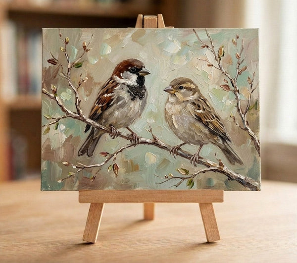 Sparrow Birds Painting, Hand Painted Canvas Art, Original Oil Paintings, Love Bird Couple Painting, Small Canvas Paintings, Original Oil Paintings on Canvas