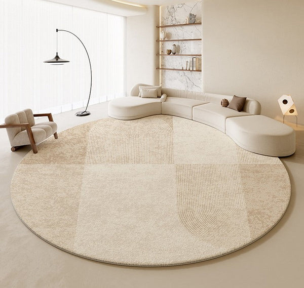 Modern Round Rugs under Coffee Table, Circular Rugs for Dining Table, Abstract Contemporary Rugs for Bedroom, Modern Cream Color Rugs for Living Room-ArtWorkCrafts.com