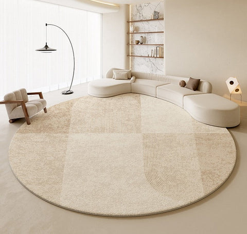 Abstract Contemporary Rugs for Bedroom, Modern Cream Color Rugs for Living Room, Modern Round Rugs under Coffee Table, Circular Rugs for Dining Table-ArtWorkCrafts.com