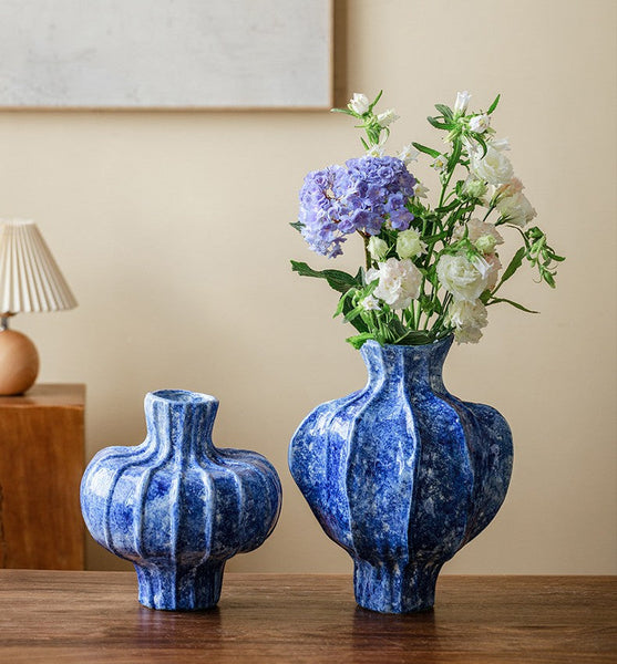 Modern Pottery Flower Vases, Handmade Water Holding Flower Vases, Centerpiece on Dining Table, Blue Ceramic Bud Vases, Tall Flower Vases on Table-ArtWorkCrafts.com