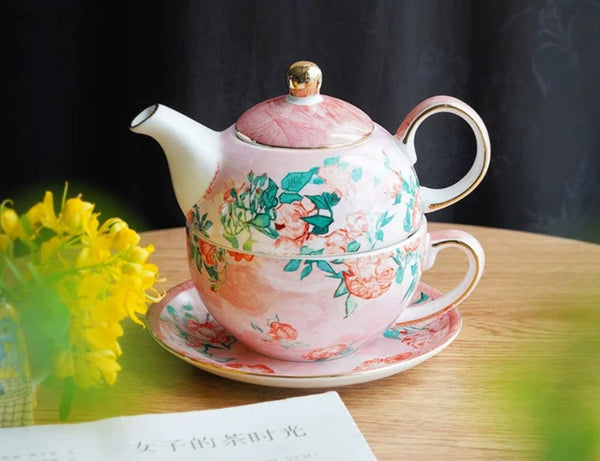 Mother-and-Baby Teapot with Matching Saucer, Vintage Style Stackable Tea Pot Set, Ceramic Tea Pot with Integrated Cup, English Style Tea Pot and Cup Set-ArtWorkCrafts.com
