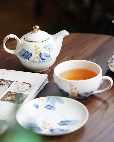 Porcelain Teapot with Matching Cup and Saucer in Gift Box, Ceramic Tea Pot with Integrated Cup, Stackable Teapot and Cup Set, Mother-and-Baby Teapot with Matching Saucer-ArtWorkCrafts.com