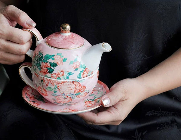 Ceramic Tea Pot with Integrated Cup, Mother-and-Baby Teapot with Matching Saucer, Vintage Style Stackable Tea Pot Set, English Style Tea Pot and Cup Set-ArtWorkCrafts.com