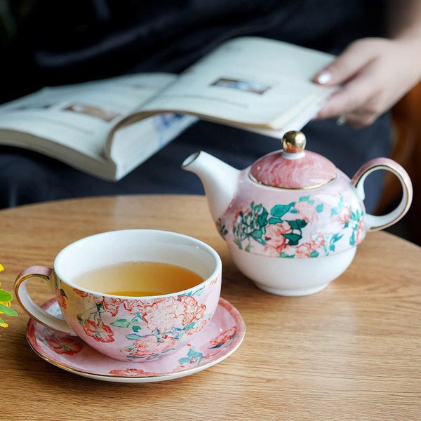 Ceramic Tea Pot with Integrated Cup, Mother-and-Baby Teapot with Matching Saucer, Vintage Style Stackable Tea Pot Set, English Style Tea Pot and Cup Set-ArtWorkCrafts.com
