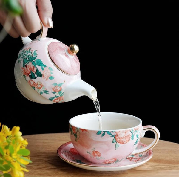 Ceramic Tea Pot with Integrated Cup, Mother-and-Baby Teapot with Matching Saucer, Vintage Style Stackable Tea Pot Set, English Style Tea Pot and Cup Set-ArtWorkCrafts.com