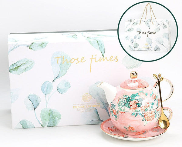 Ceramic Tea Pot with Integrated Cup, Mother-and-Baby Teapot with Matching Saucer, Vintage Style Stackable Tea Pot Set, English Style Tea Pot and Cup Set-ArtWorkCrafts.com